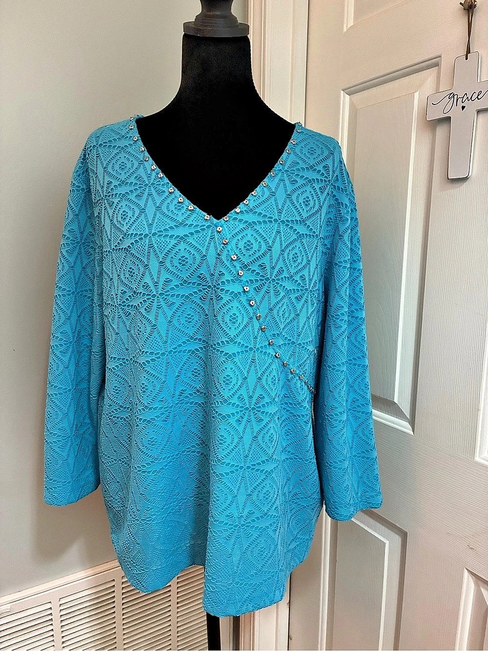 Ruby Rd. Geometric Lace Tunic Blue XL Like New